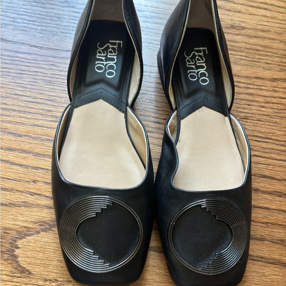Franco Sarto Black Flats with Rounded Toe and Medallion